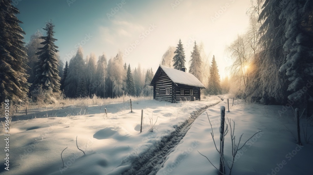 Poster a log cabin in the middle of a snow covered forest. generative ai
