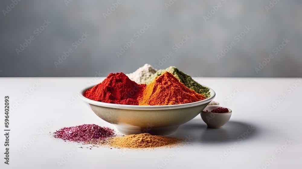 Poster a bowl filled with different colored powders on top of a table. generative ai