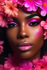 Naklejka premium Not real Person. Portrait of a beautiful young african woman's face with pink makeup surrounded with many flower blooms. Generative AI