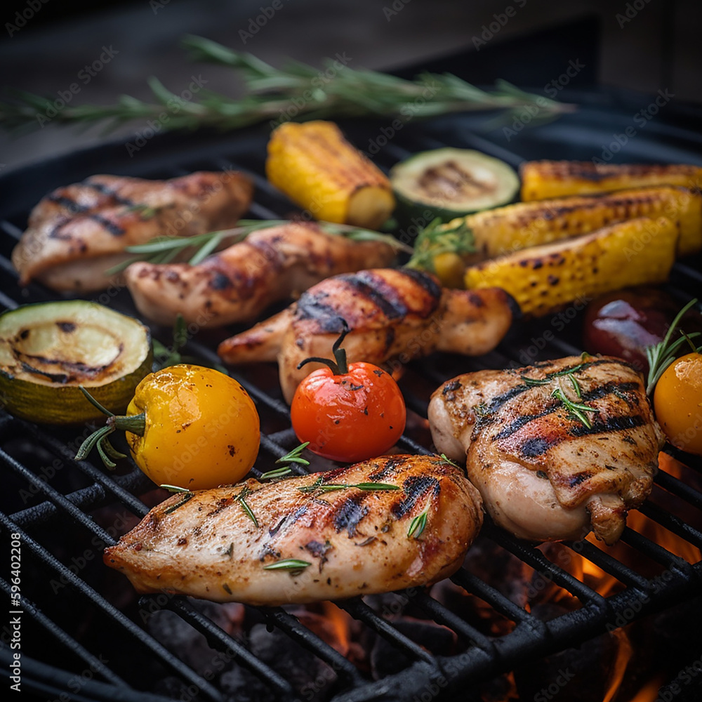 Wall mural grilled chicken and vegetables on homemade backyard grill