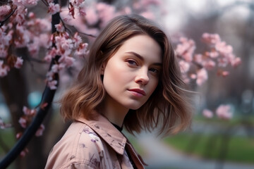 Naklejka premium A beautiful woman in front of blossoming cherry trees. Generative Ai.