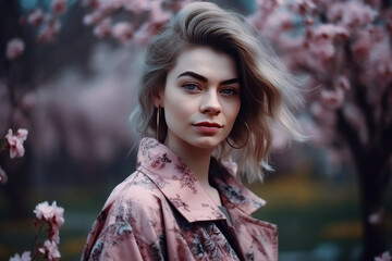 Naklejka premium A beautiful woman in front of blossoming cherry trees. Generative Ai.