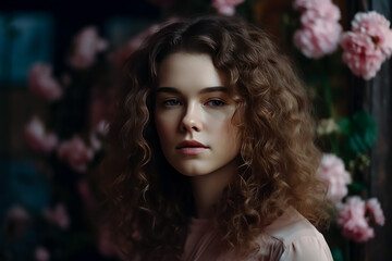 Fototapeta premium A beautiful woman in front of blossoming cherry trees. Generative Ai.
