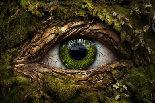 Nature's eye. a green color human eye made of leaves and vines, with a dilated pupil, on an old tree bark covered in green moss.
