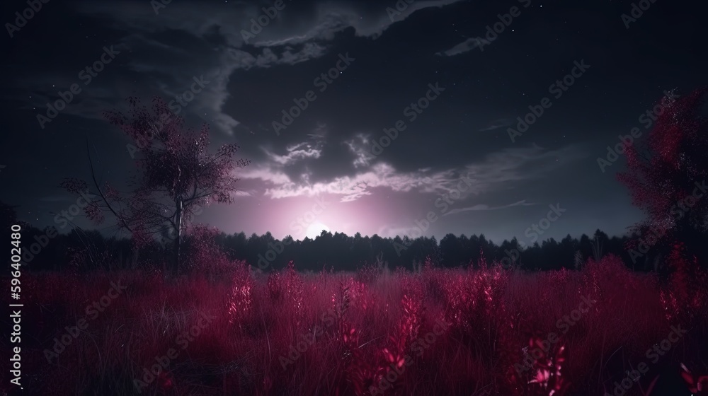 Poster a full moon is shining over a field of grass and trees. generative ai