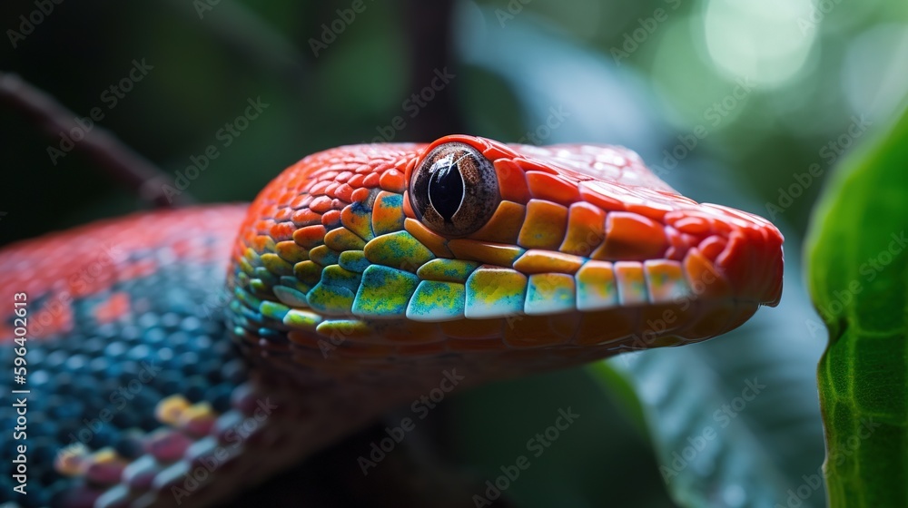 Poster a close up of a colorful snake on a leafy branch. generative ai