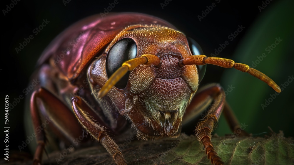 Poster a close up of a bug on a leaf with a black background. generative ai