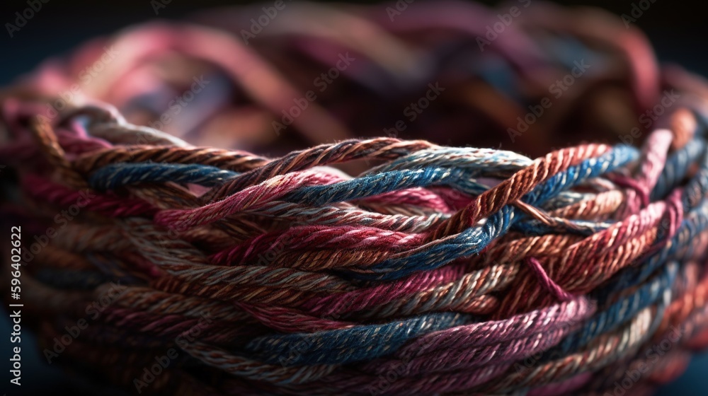 Poster a close up of a multicolored rope on a black background. generative ai
