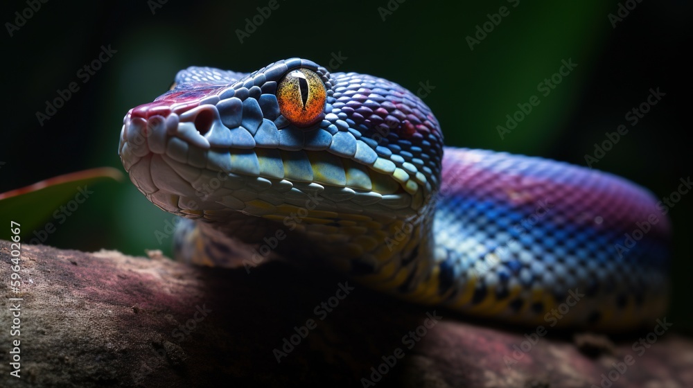 Poster a close up of a snake on a branch with a blurry background. generative ai