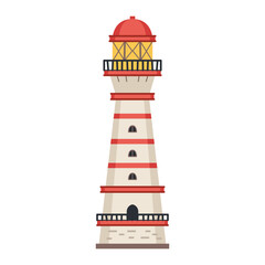 Sea detailed lighthouse icon isolated on white - vector. Beacon tower with searchlight lamp isolated icon. Vector nautical striped tower, navigation symbol, seafarer beacon.