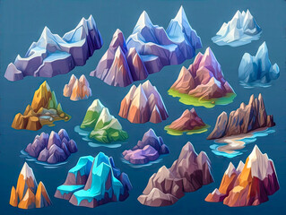 Set of fantasy isometric islands with mountains icons, isolated. 2d casual game asset, juicy colors. Mobile game assets made with Generative AI