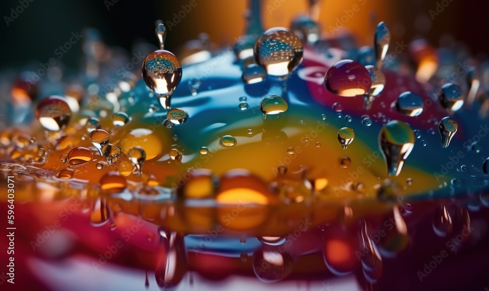 Poster a close up of water droplets on a colorful surface with a multicolored background. generative ai
