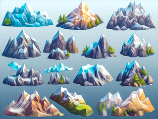 Set of fantasy isometric islands with mountains icons, isolated. 2d casual game asset, juicy colors. Mobile game assets made with Generative AI