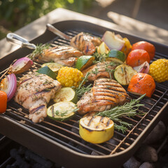 grilled chicken and vegetables on homemade backyard grill