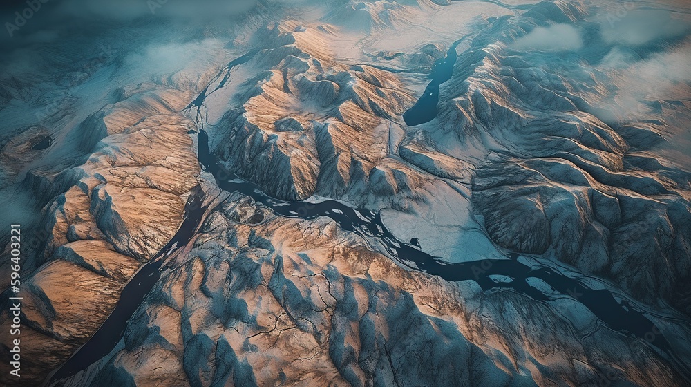 Aufkleber an aerial view of a mountain range with a river running through it. generative ai
