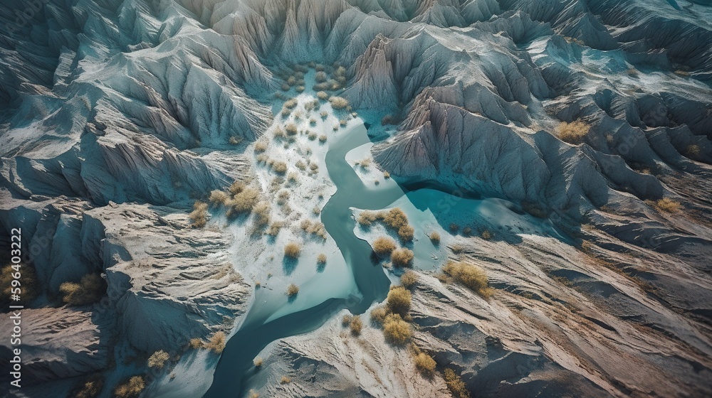 Aufkleber an aerial view of a mountain range with a river running through it. generative ai