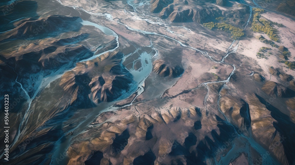 Poster an aerial view of a river running through a mountain range