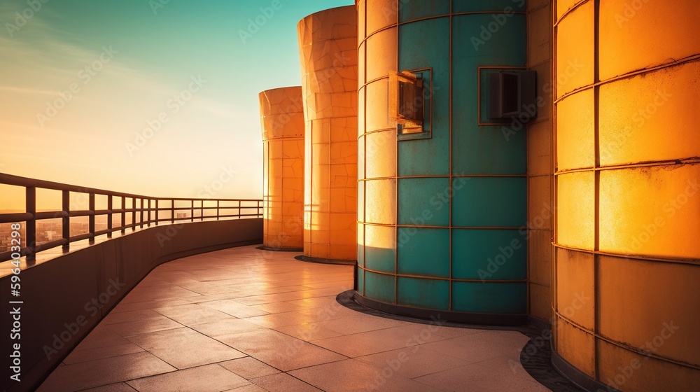 Poster a view of a building with a balcony and a sunset in the background. generative ai