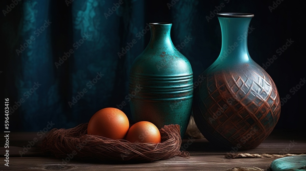 Poster a painting of two vases and eggs on a table. generative ai