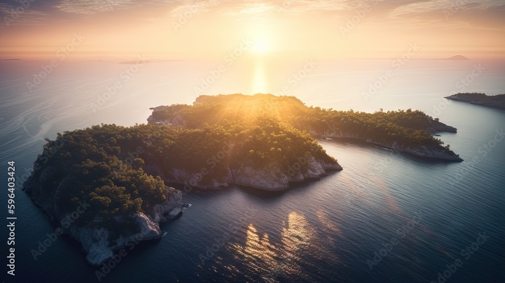 Poster a small island with trees in the middle of the ocean. generative ai