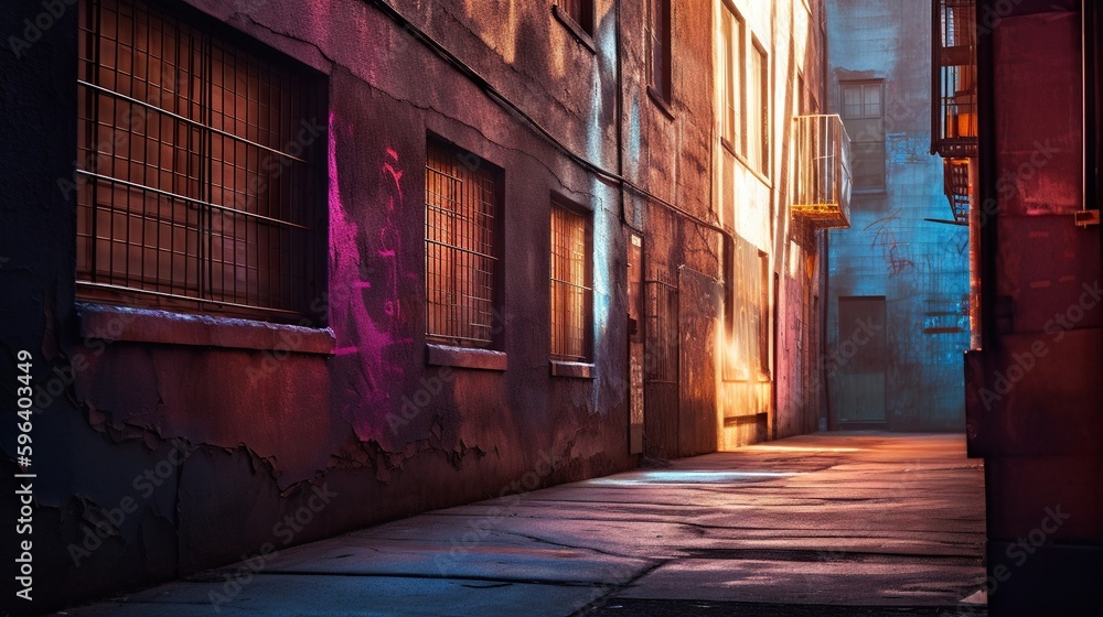 Poster a narrow alley way with a building in the background and a street light in the foreground. generativ