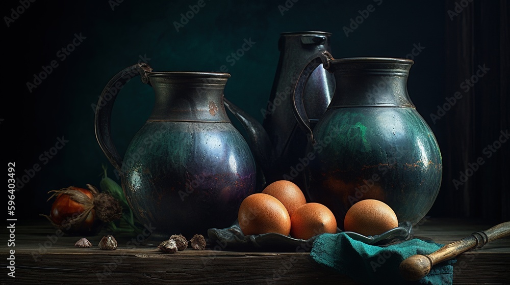 Aufkleber a painting of a pitcher and two vases with eggs. generative ai