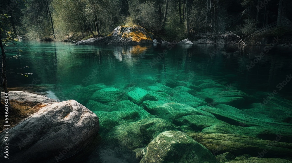 Poster a body of water surrounded by trees and rocks in the middle of a forest. generative ai