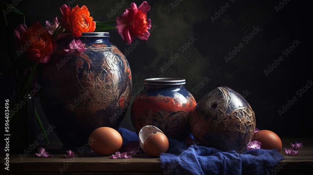 Poster three vases with flowers and eggs in them on a table. generative ai