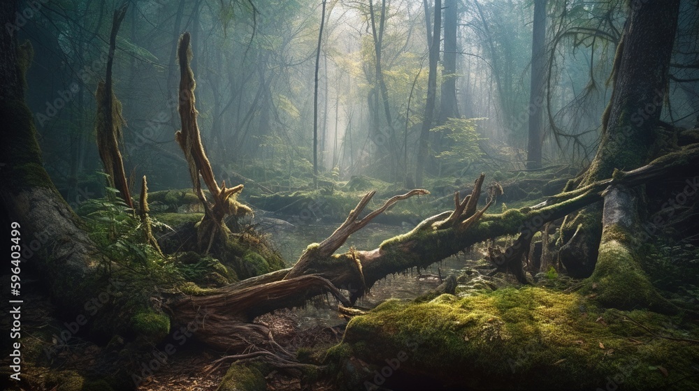 Poster a mossy forest with a fallen tree in the foreground. generative ai
