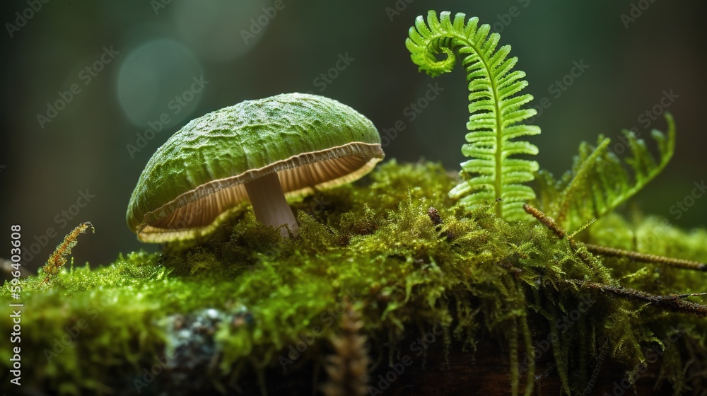 Poster a green mushroom with a fern in the foreground and a fern in the background. generative ai
