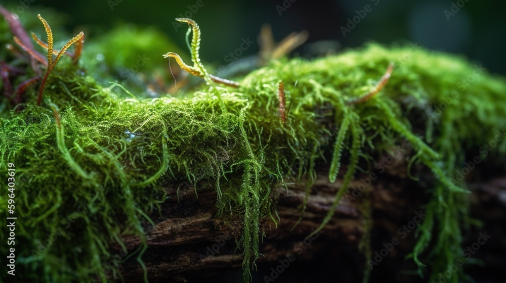 Poster a close up of moss growing on a tree branch with other moss growing on it. generative ai