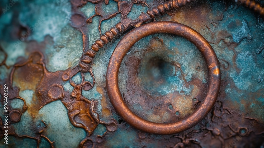Poster a rusty metal object with a ring on top of it. generative ai