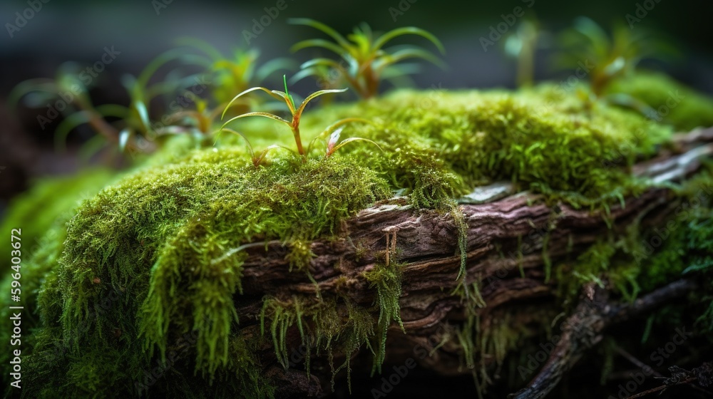 Poster a close up of a moss covered log with small trees growing out of it. generative ai