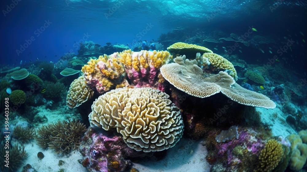 Poster a coral reef with many different types of corals on it. generative ai