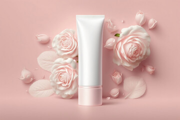 White empty cosmetic tube, on a pink background with delicate pink roses. Natural cosmetics with rose extract or skin care spa salon or organic spa salon mockup Generative AI