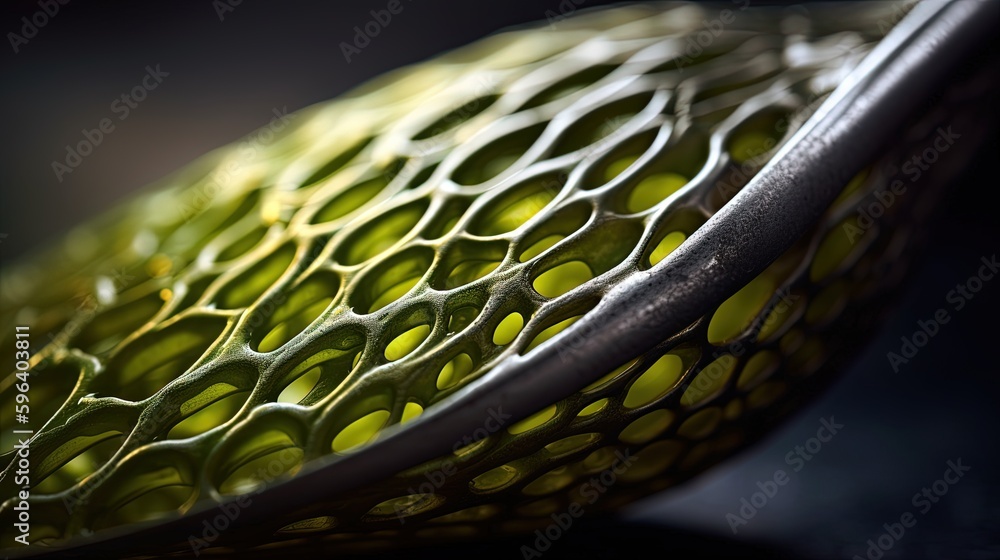 Aufkleber a close up of a green object with a black background. generative ai