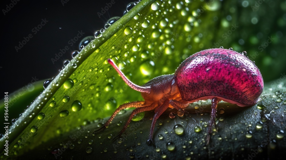Poster a close up of a bug on a leaf with water droplets. generative ai