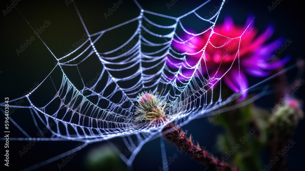 Poster a close up of a spider web with flowers in the background. generative ai