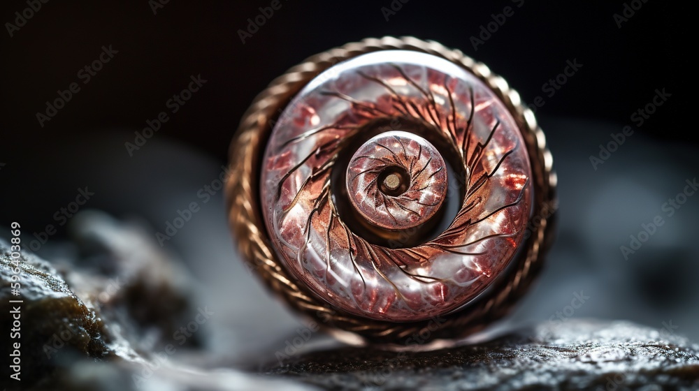 Poster a close up of a spiral shaped object on a rock. generative ai