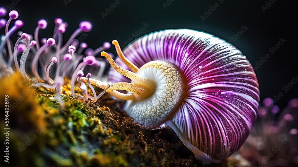 Poster a close up of a snail on a mossy surface. generative ai
