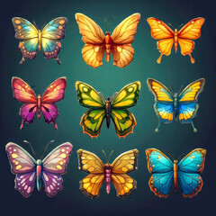 Obraz na płótnie Canvas Set of fantasy colorful butterflies, isolated. 2d casual game asset, juicy colors. Differents shapes and colors. Mobile game assets made with Generative AI