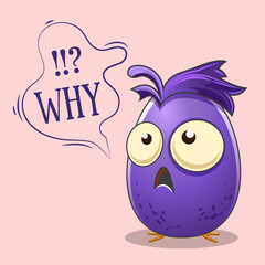 Monster purple, indignant at not being fair, asks why with surprised big eyes. Says a message in a bubble. Cartoon cute design style. Vector illustration.
