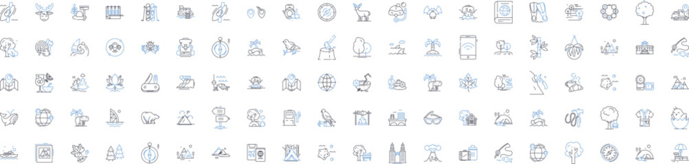 Fototapeta premium Grand adventure line icons collection. Explore, Journey, Expedition, Quest, Wanderlust, Trek, Thrill vector and linear illustration. Adventure,Excitement,Challenge outline signs set Generative AI