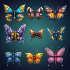 Obraz na płótnie Canvas Set of fantasy colorful butterflies, isolated. 2d casual game asset, juicy colors. Differents shapes and colors. Mobile game assets made with Generative AI