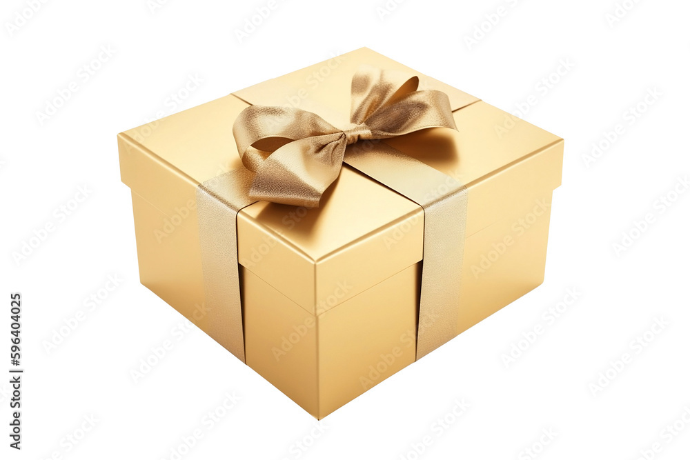 Wall mural Golden gift box with ribbon on transparent background. Generative AI illustration