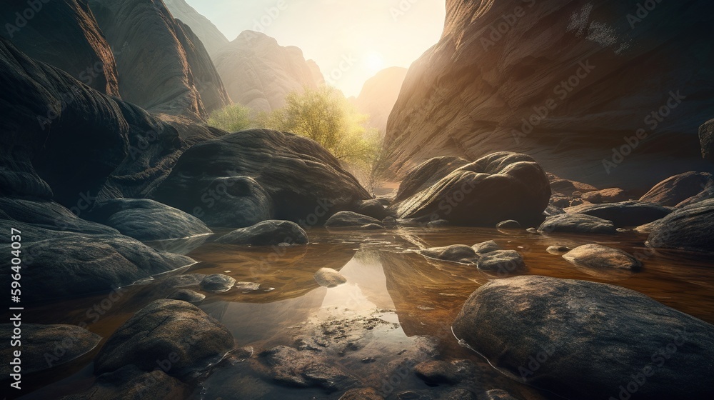 Poster a stream of water surrounded by rocks and a forest in the background. generative ai