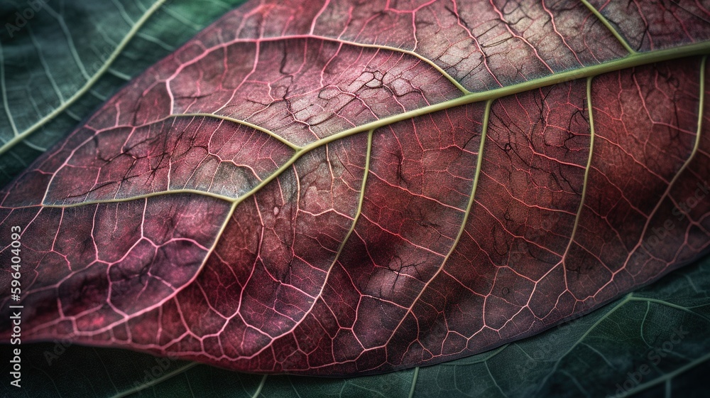 Poster a close up of a red leaf with a green stem. generative ai