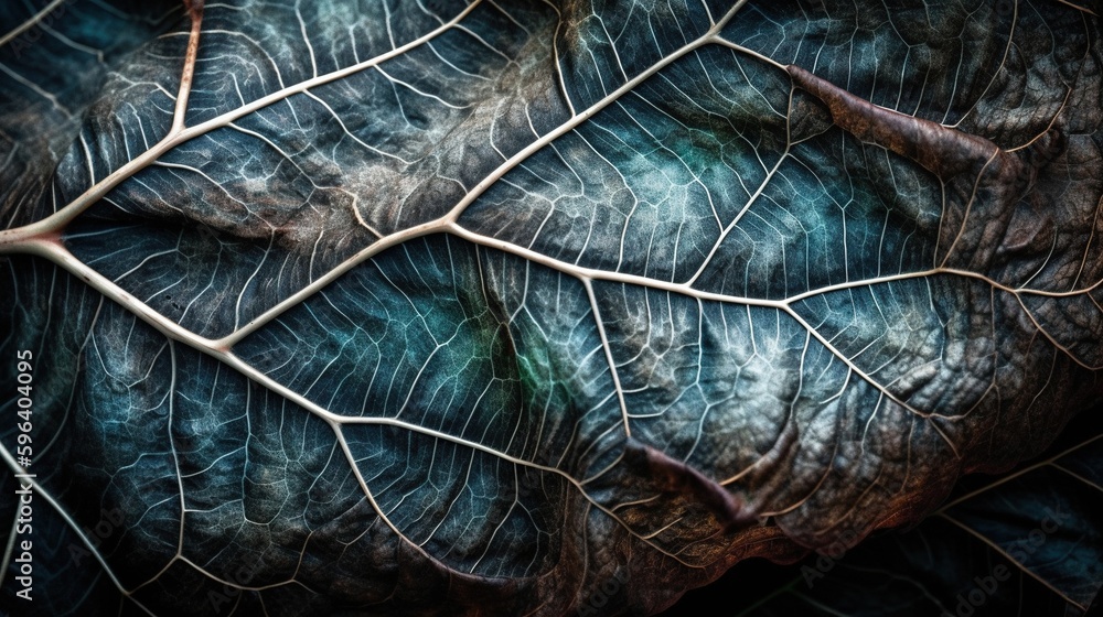 Poster a close up view of a leaf with a blue background. generative ai
