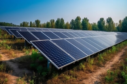 Close-up on rows of solar panels. Generative AI.