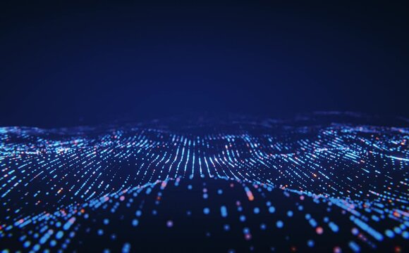 Seamlessly looping technology digital wave background concept. Beautiful motion waving dots texture with glowing defocused particles. Cyber or technology background.